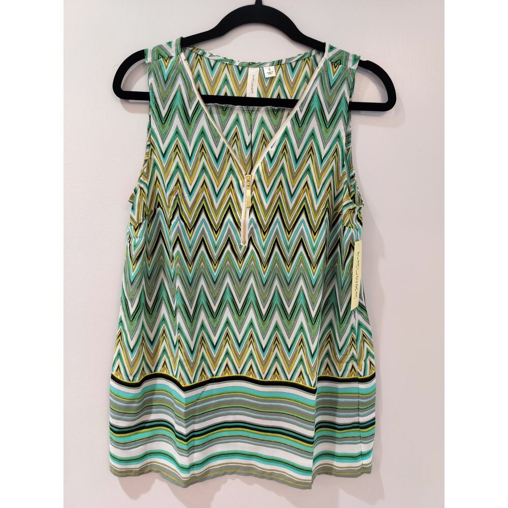 Tacera Women’s Small Green Chevron Sleeveless Blouse Gold Zip V-Neck Top - Picture 1 of 7